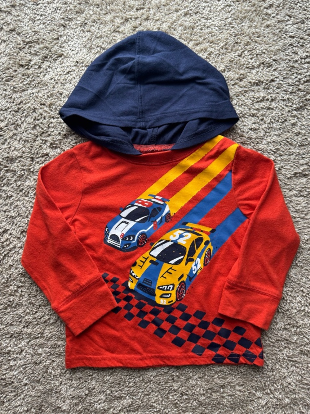12–18M The Children’s Place Race Car Hooded Long Sleeve Shirt Red Blue